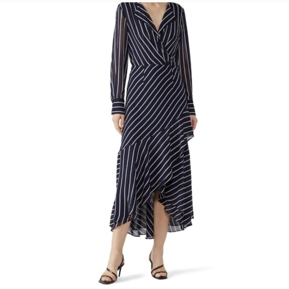 Rachel Roy Collection Dress Navy Blue & White Stripes Long Sleeve Maxi Size 6